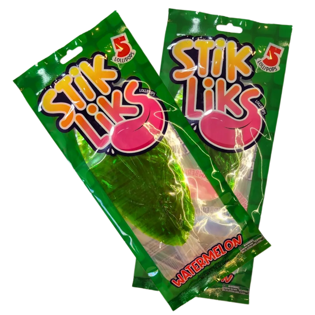 Foreign Candy Stik Liks Moldable 11" Lollipop Watermelon 5ct Peg Bag