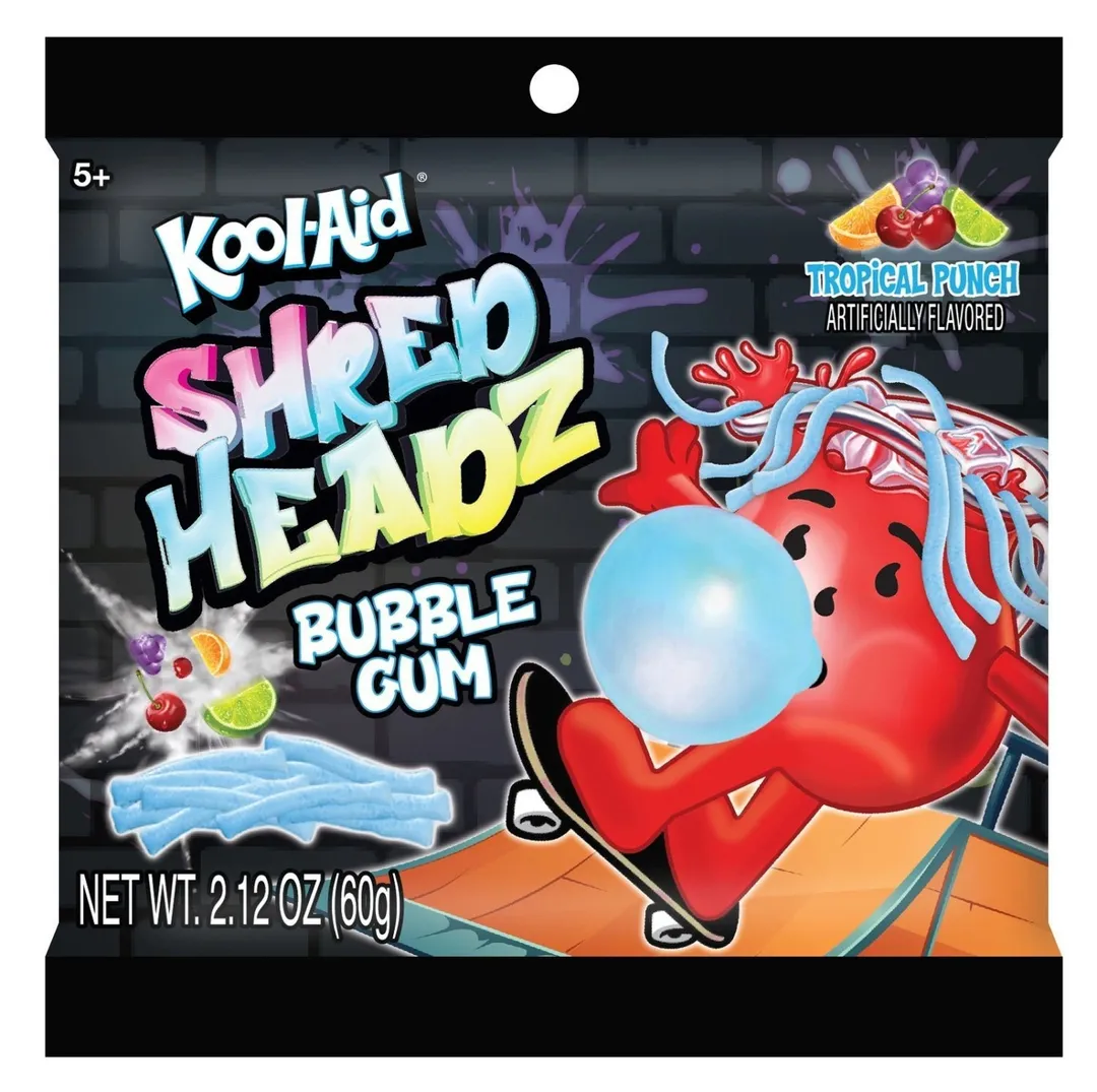 Kool-Aid SOUR Shred Headz Gum Tropical Punch 2.12 oz 12ct Tray Peg