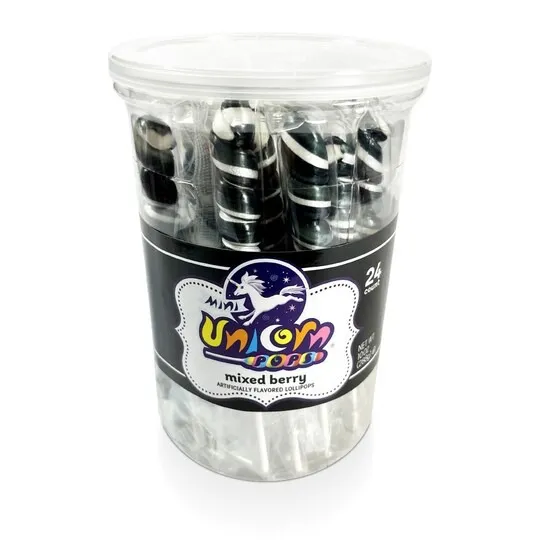Mini Unicorn Pops Spiral Twist Mixed Berry Black Lollipop 24 ct 6.5"