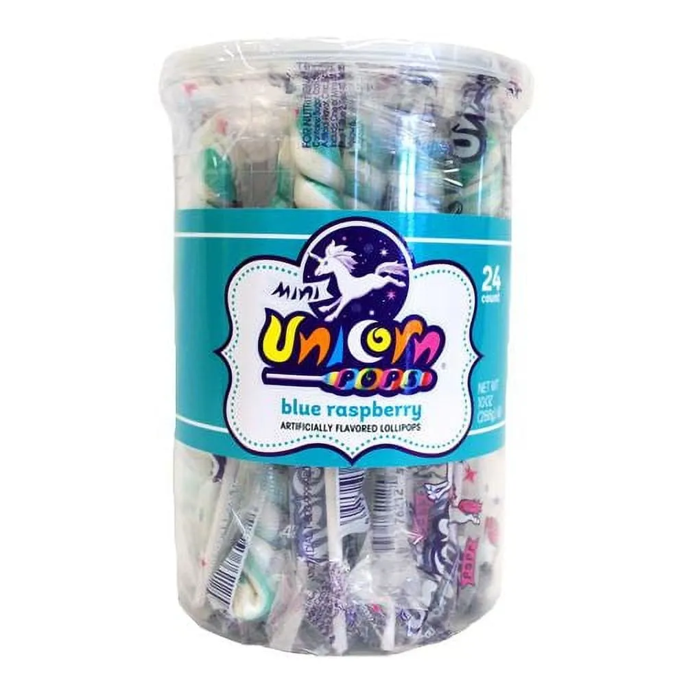 Mini Unicorn Pops Twist Turquoise Blue Raspberry Lollipop 24 ct 6.5"