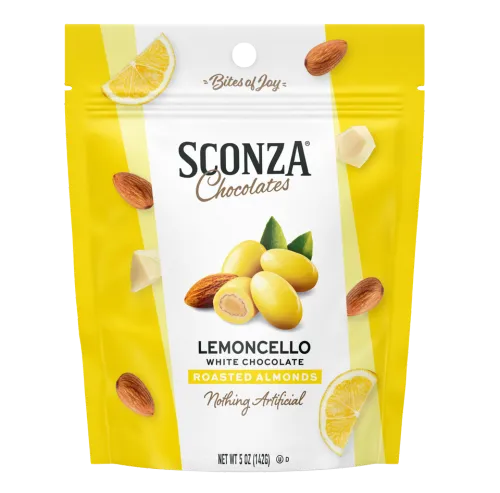Sconza Lemoncello Lemon Chocolate Almonds 5 oz 6 ct Peg Bag