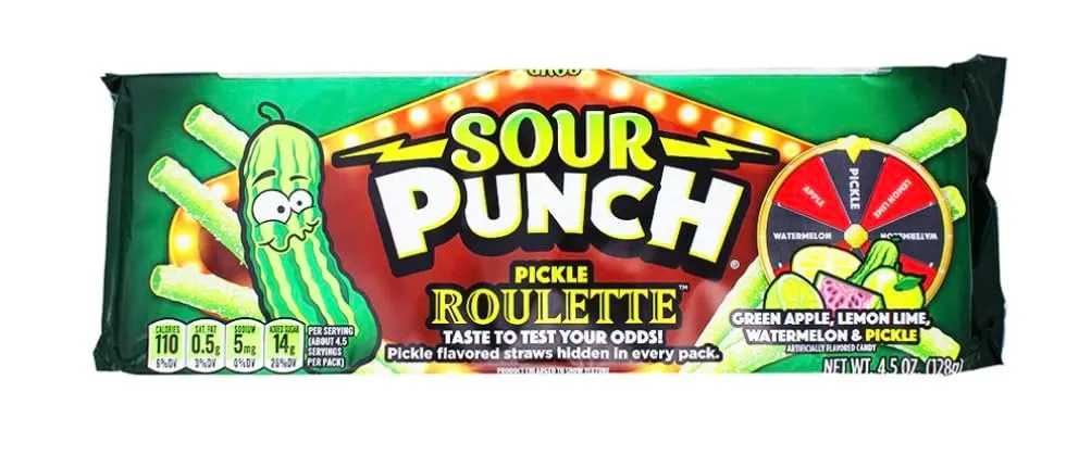 Sour Punch Pickle Roulette 12 Ct 4.5 Oz Straws Tray