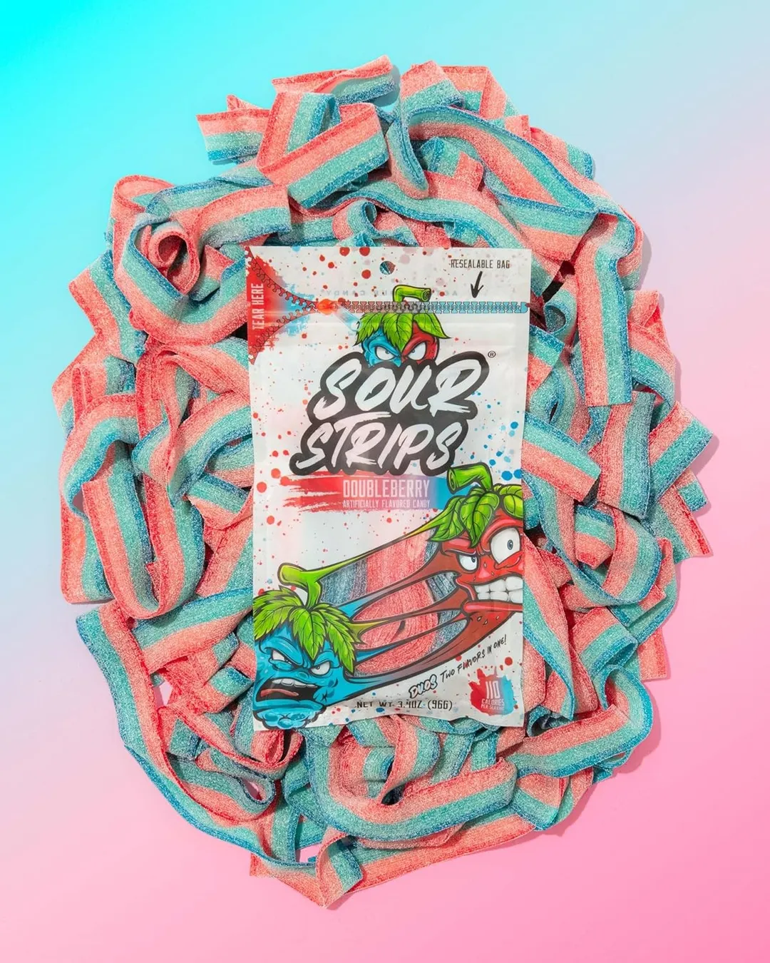 Sour Strips Doubleberry Sour Candy Belt Peg 3.4 oz 12 ct