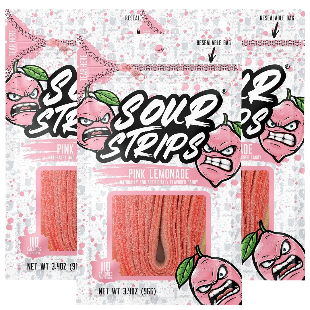 Sour Strips Pink Lemonade Sour Candy Belt Peg 3.4 oz 12 ct