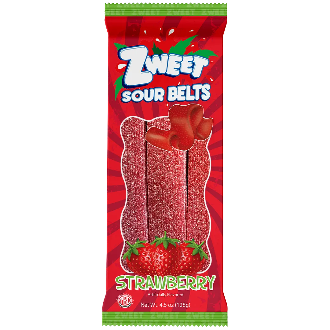 Zweet Sour Strawberry Candy Belts 4.5 oz 12 ct Kosher Parve