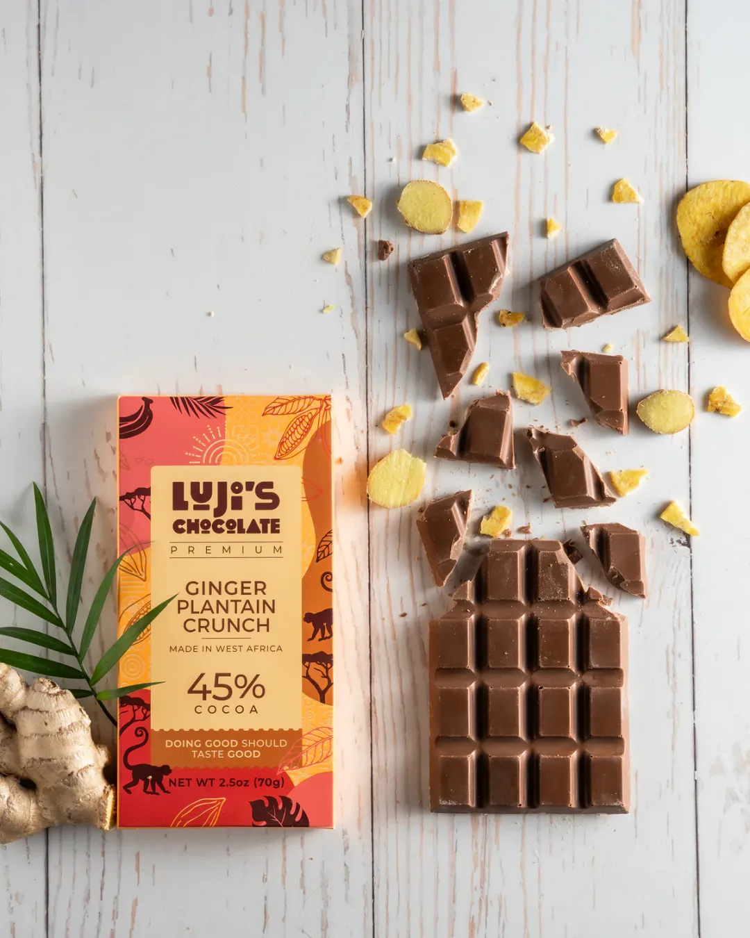Single-Origin 45% Milk Chocolate, Ginger + Plantain (50g)