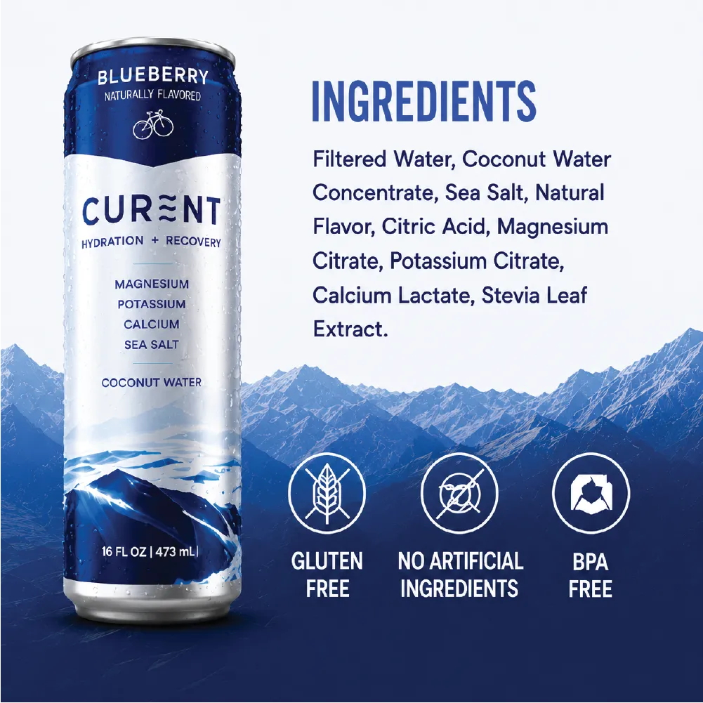 CURENT Blueberry Electrolyte Drink – Hydration + Recovery Sports Drink with Magnesium, Potassium, Calcium, Sea Salt & Coconut Water – Naturally Flavored – 16 oz