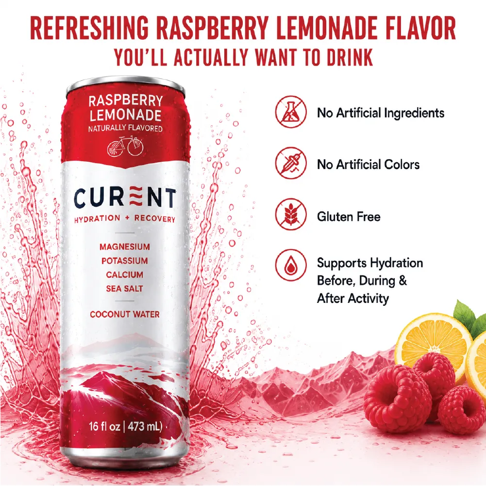 CURENT Raspberry Lemonade Electrolyte Drink – Hydration + Recovery Sports Drink with Magnesium, Potassium, Calcium, Sea Salt & Coconut Water – Naturally Flavored – 16 oz