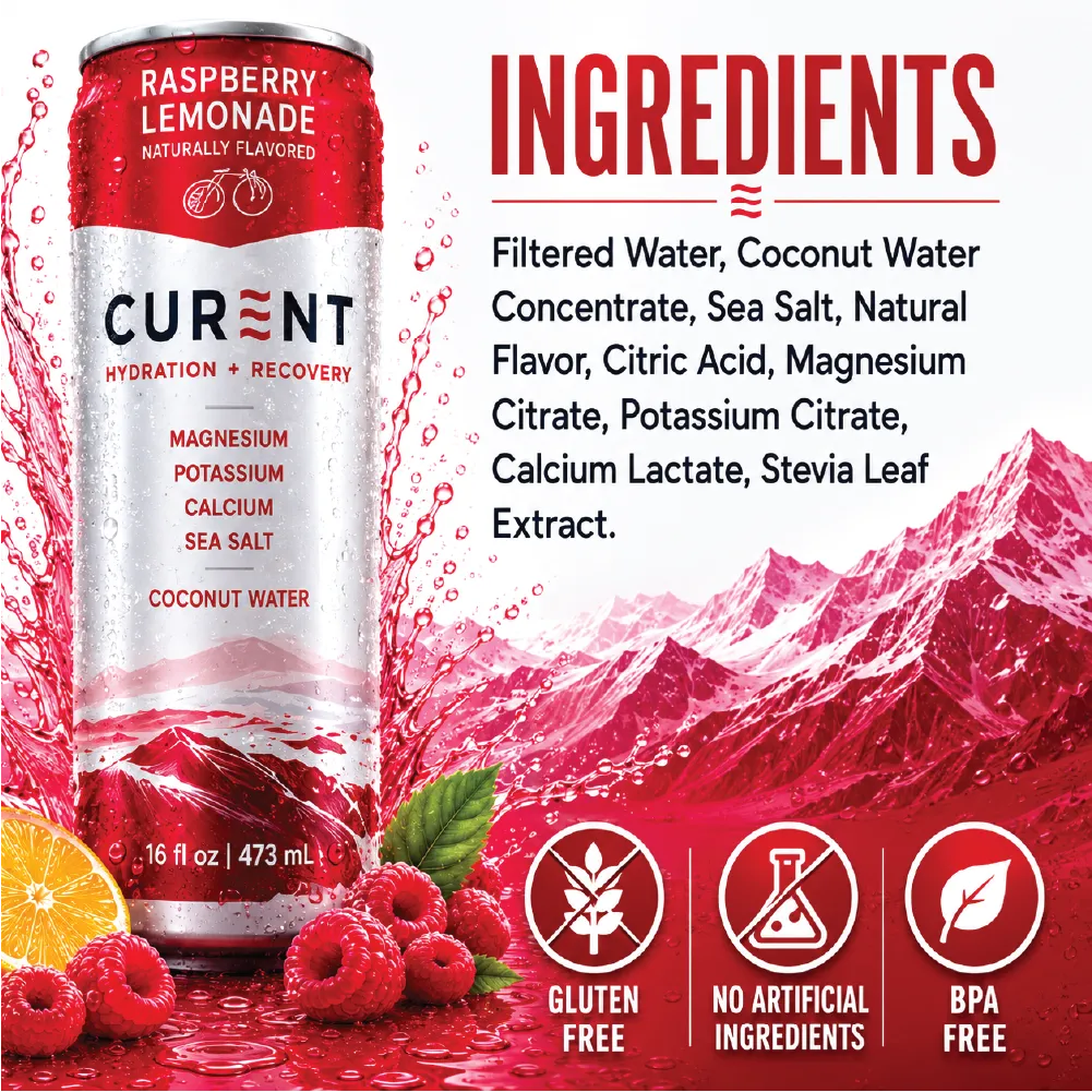 CURENT Raspberry Lemonade Electrolyte Drink – Hydration + Recovery Sports Drink with Magnesium, Potassium, Calcium, Sea Salt & Coconut Water – Naturally Flavored – 16 oz