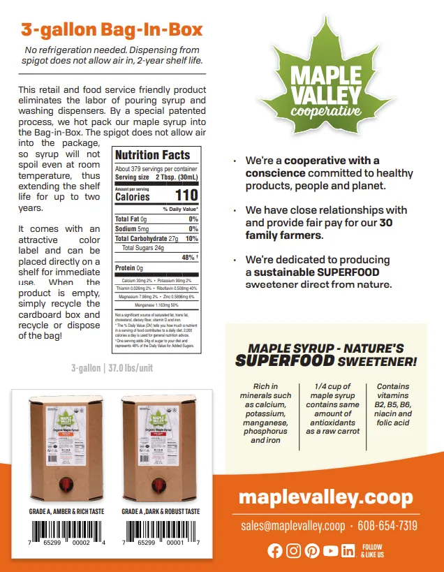 Maple Syrup Organic Amber & Rich 3 Gallon Bag in Box