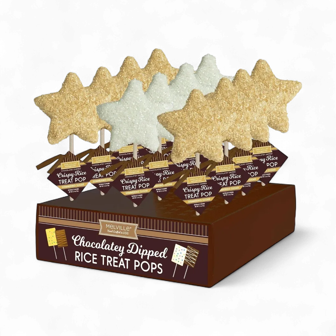 Chocolatey-Dipped Sugar Crystal Rice Treat Pops - White & Gold Stars
