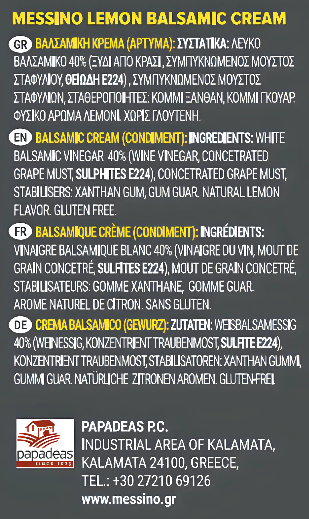 Messino Lemon Balsamic Glaze imported from Greece, 250 ml