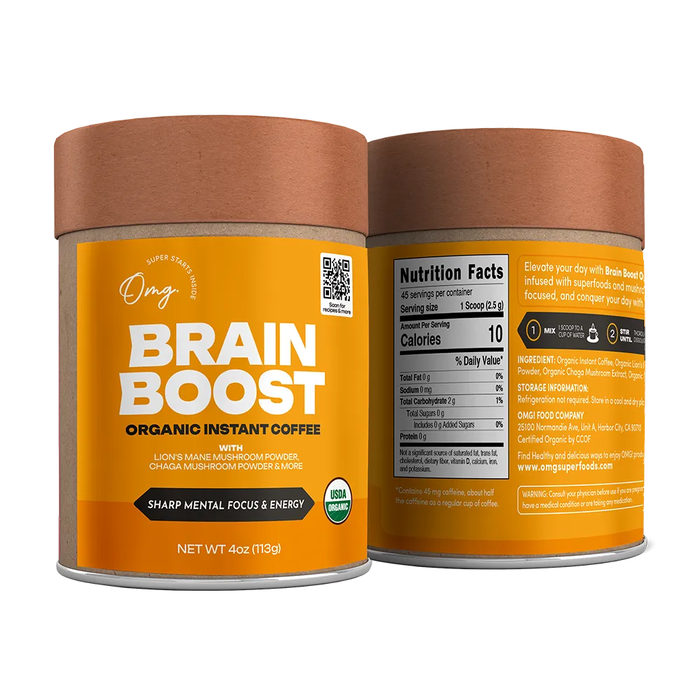 Organic Brain Boost Instant Coffee with Mushrooms, 4 oz (45 servings), Case of 6 — USDA Organic, Lion’s Mane + Cordyceps