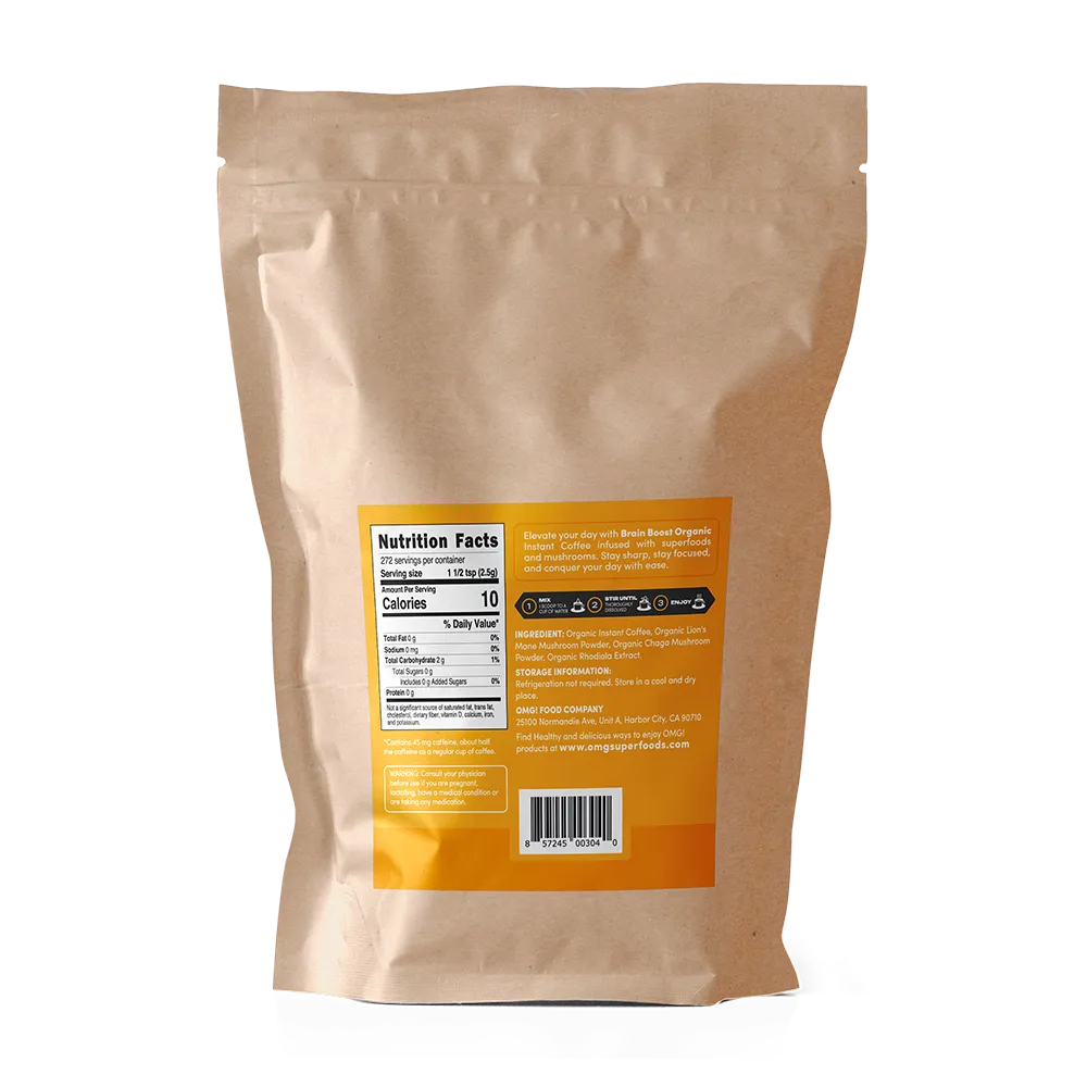 Organic Brain Boost Instant Coffee with Mushrooms, 1.5 lbs (272 servings), Case of 3 — USDA Organic, Lion’s Mane + Chaga