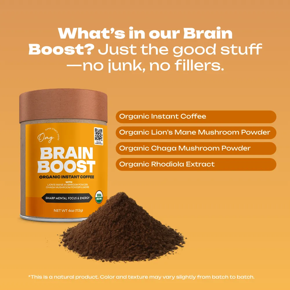 Organic Brain Boost Instant Coffee with Mushrooms, 4 oz (45 servings), Case of 6 — USDA Organic, Lion’s Mane + Cordyceps