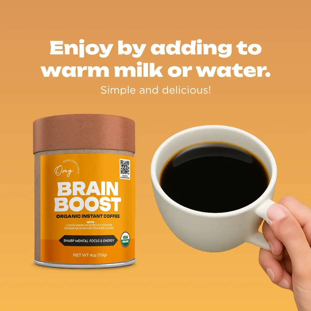 Organic Brain Boost Instant Coffee with Mushrooms, 4 oz (45 servings), Case of 6 — USDA Organic, Lion’s Mane + Cordyceps