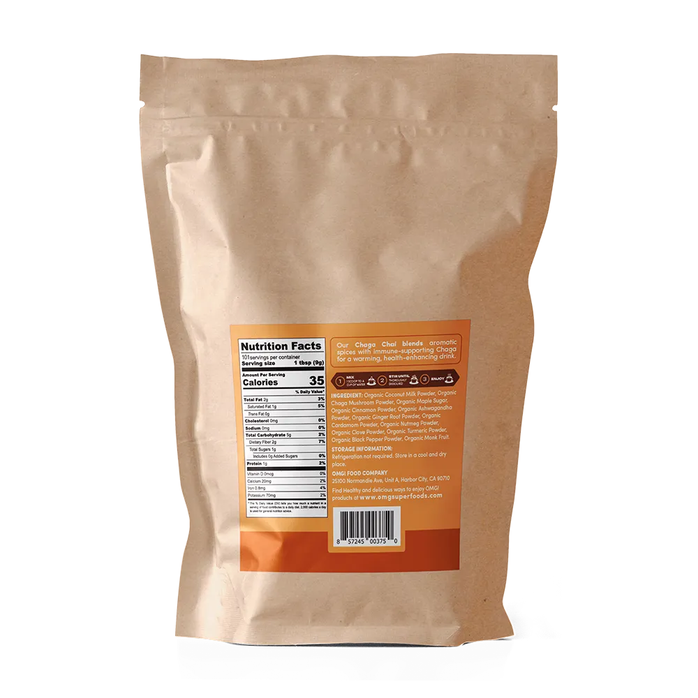 Organic Chaga Chai Superfood Blend, Functional Mushroom Chai Latte Mix, 2 lbs (101 servings), Case of 3 — USDA Organic