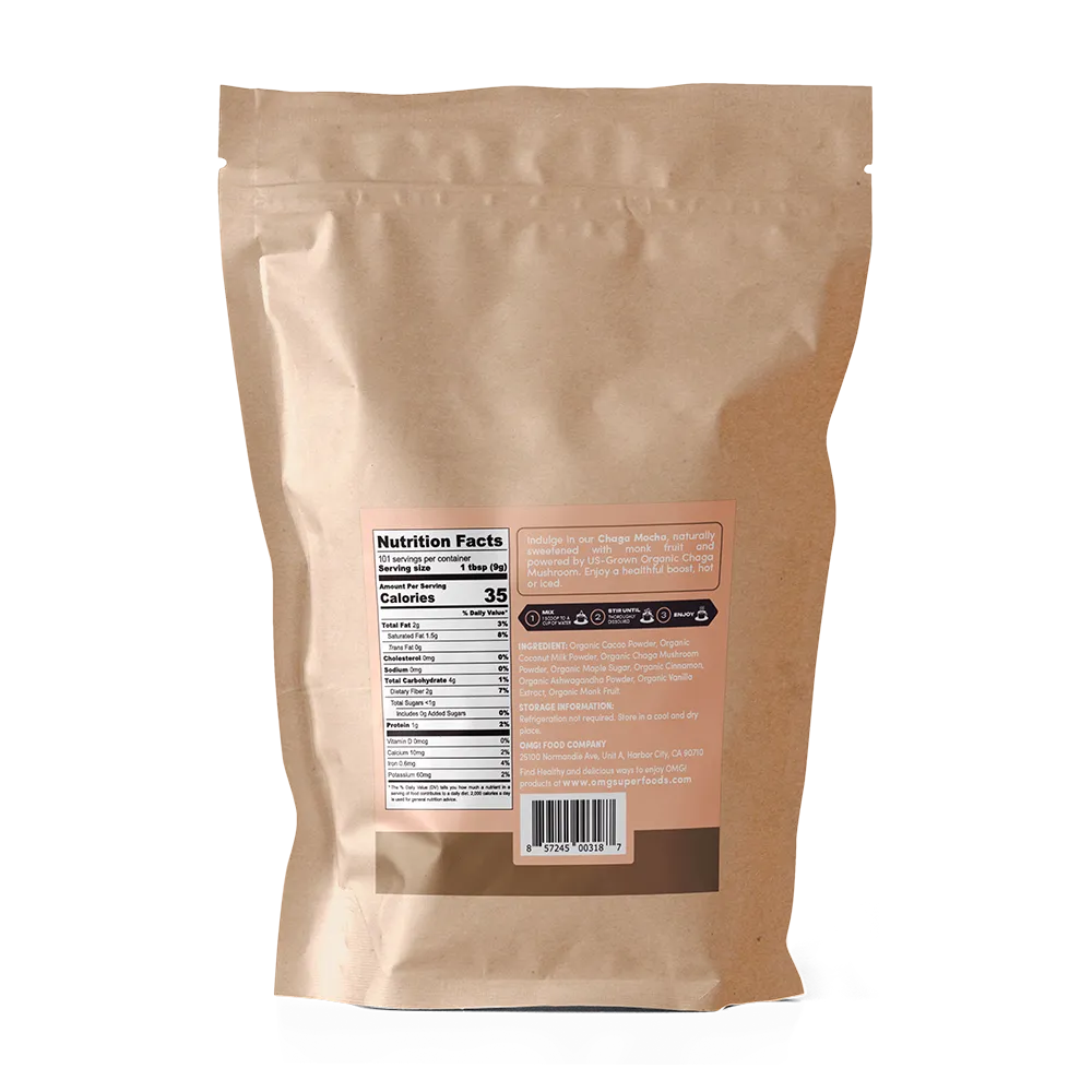 Organic Chaga Mocha Superfood Blend, Functional Mushroom Cacao Mix, 2 lbs (101 servings), Case of 3 — USDA Organic