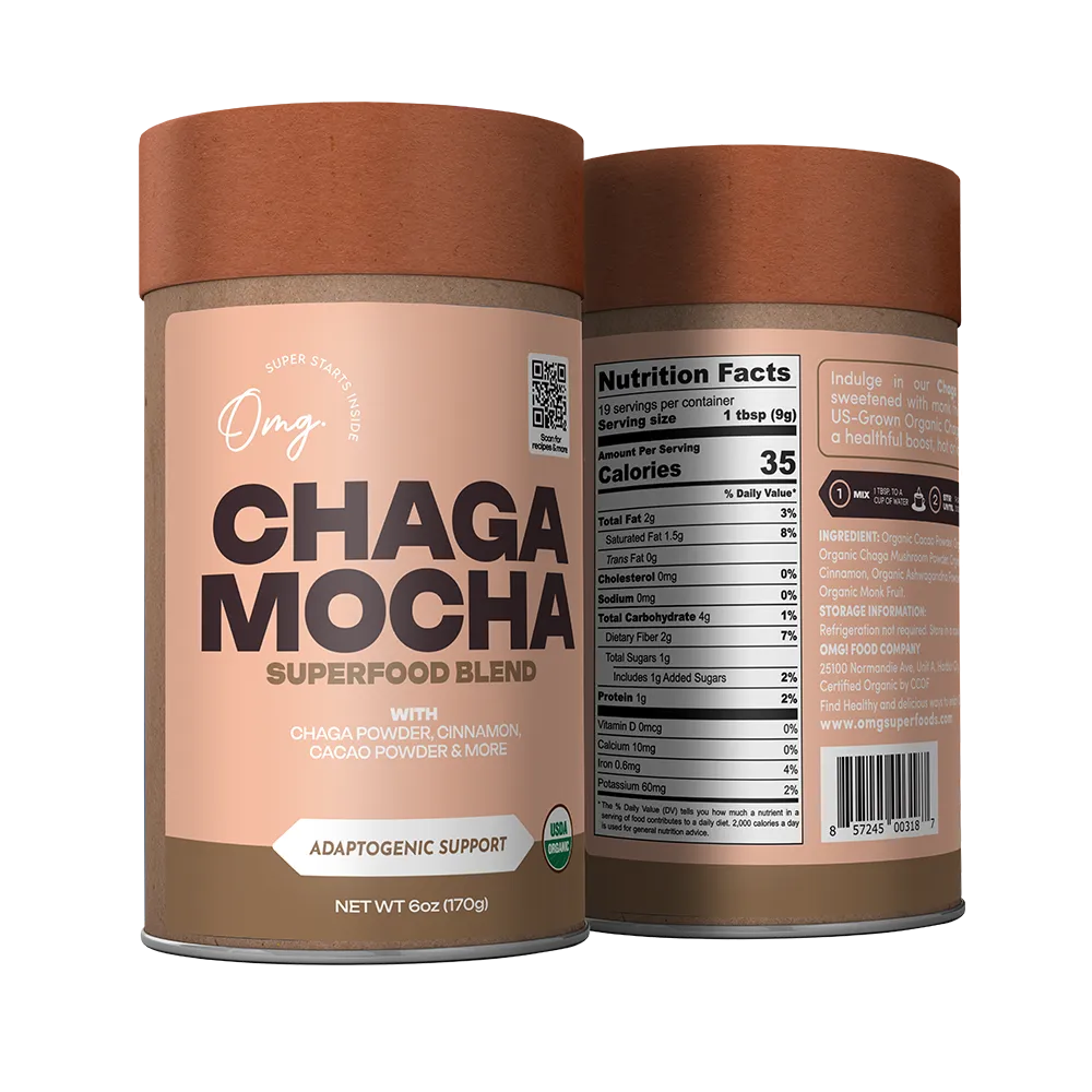 Organic Chaga Mocha Superfood Blend, Functional Mushroom Cacao Mix, 6 oz (9 servings), Case of 6 — USDA Organic