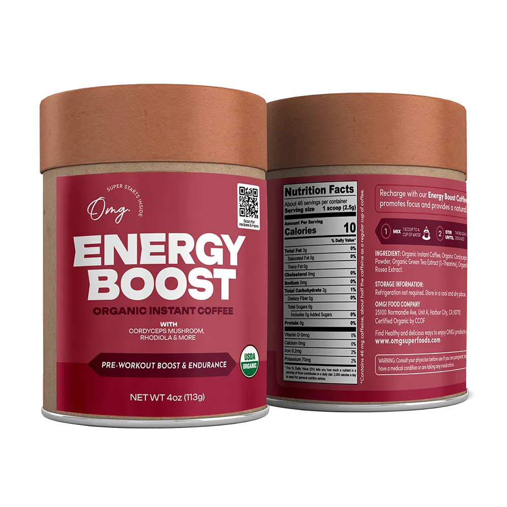 Energy Boost Instant Coffee with Mushrooms, 4 oz (45 servings), Case of 6 — USDA Organic, Cordyceps + Reishi