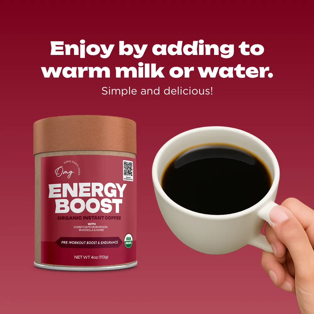 Energy Boost Instant Coffee with Mushrooms, 4 oz (45 servings), Case of 6 — USDA Organic, Cordyceps + Reishi