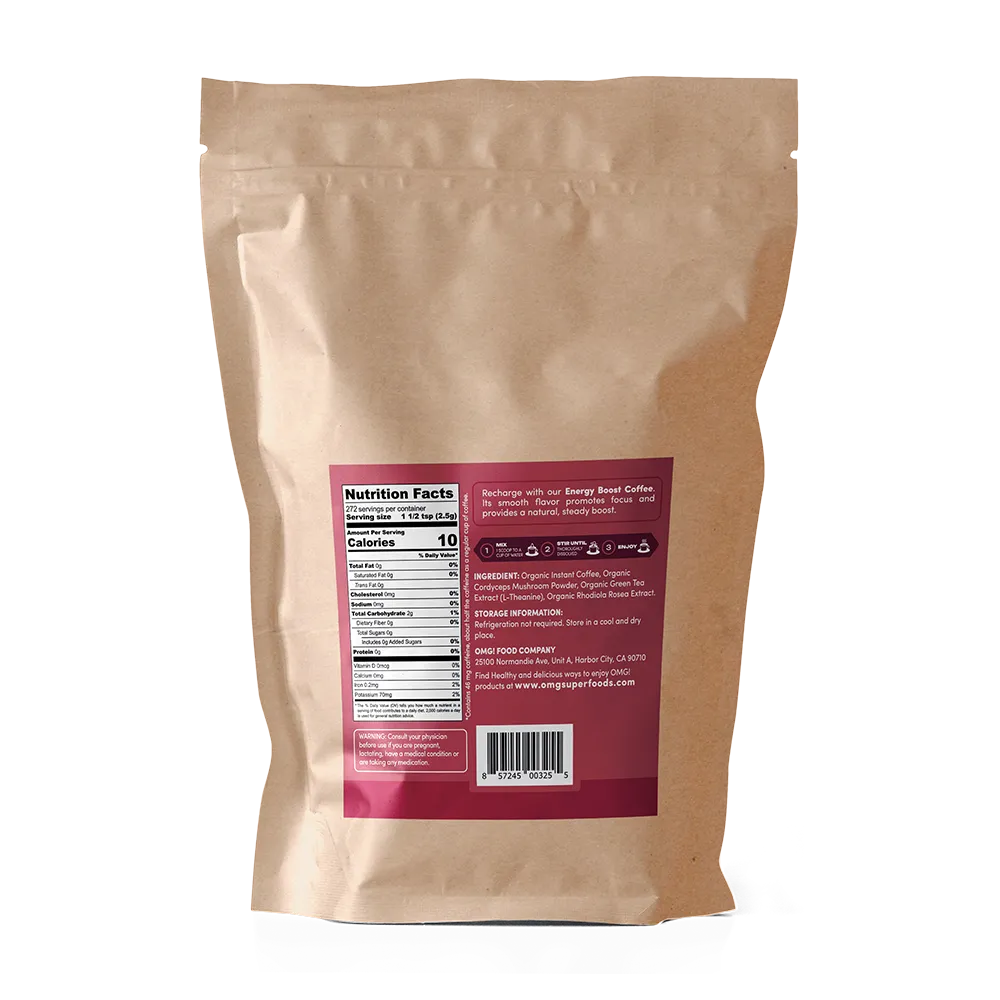 Energy Boost Instant Coffee with Mushrooms, 1.5 lbs (272 servings), Case of 3 — USDA Organic, Cordyceps + Reishi