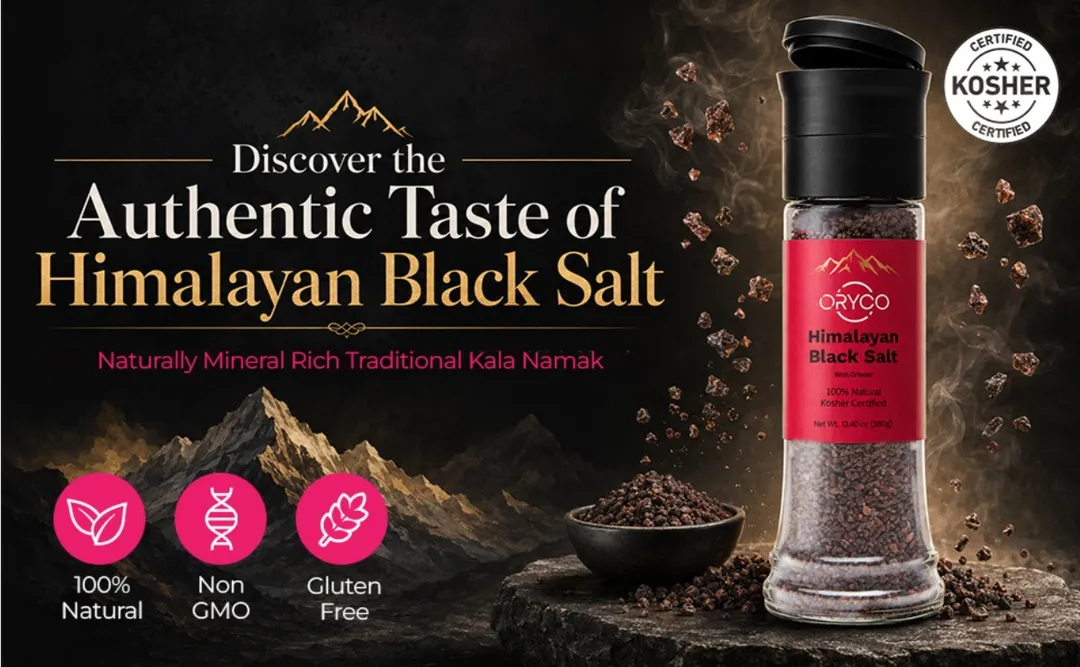 ORYCO Himalayan Black Salt Coarse Refillable Plastic Grinder – 13.4 oz