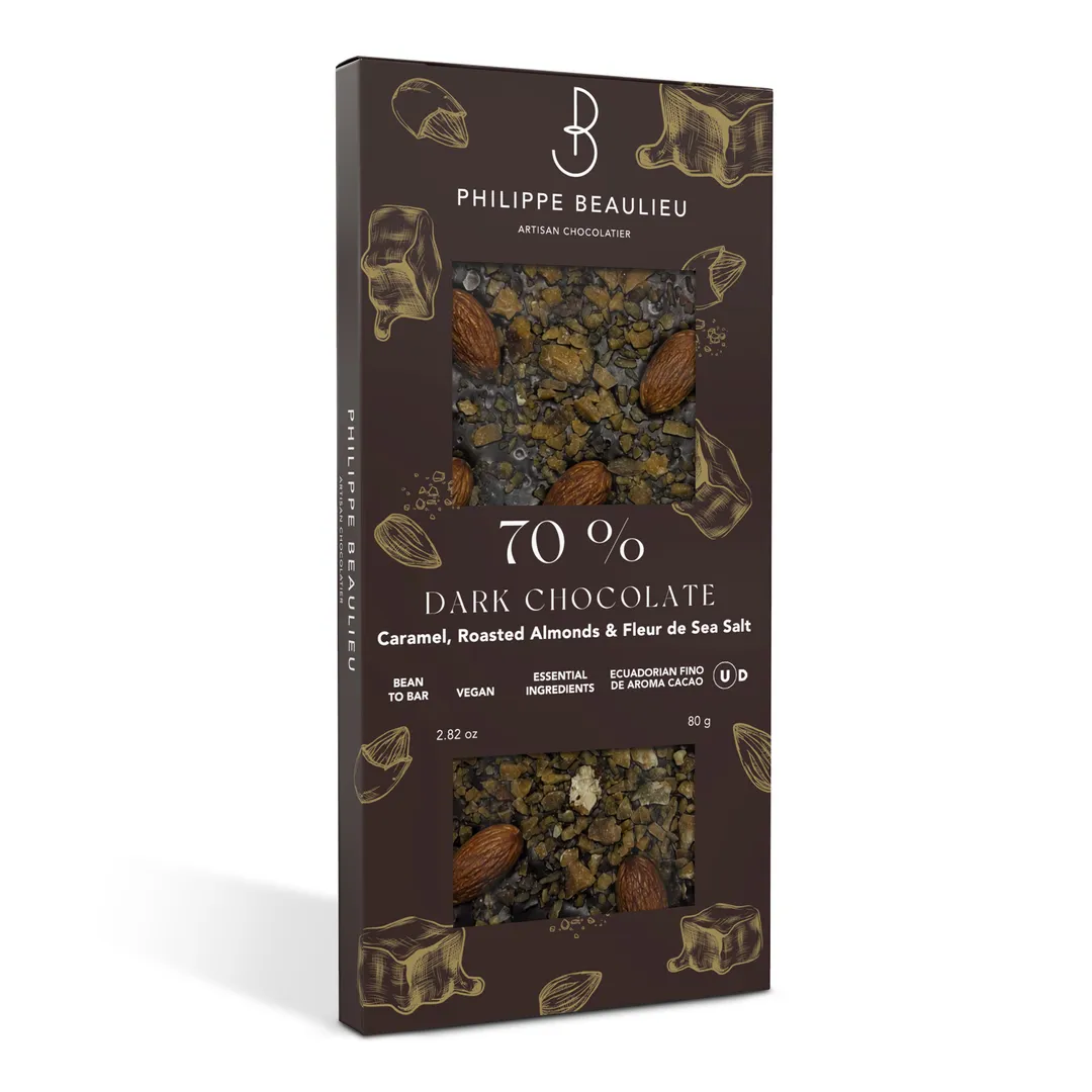 70% Dark Chocolate Bar Roasted Almonds & Caramel, and Salt