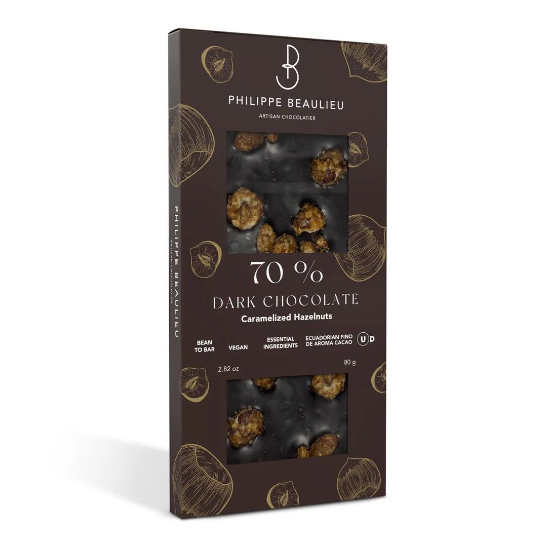 70% Dark Chocolate Bar Caramelized Hazelnuts