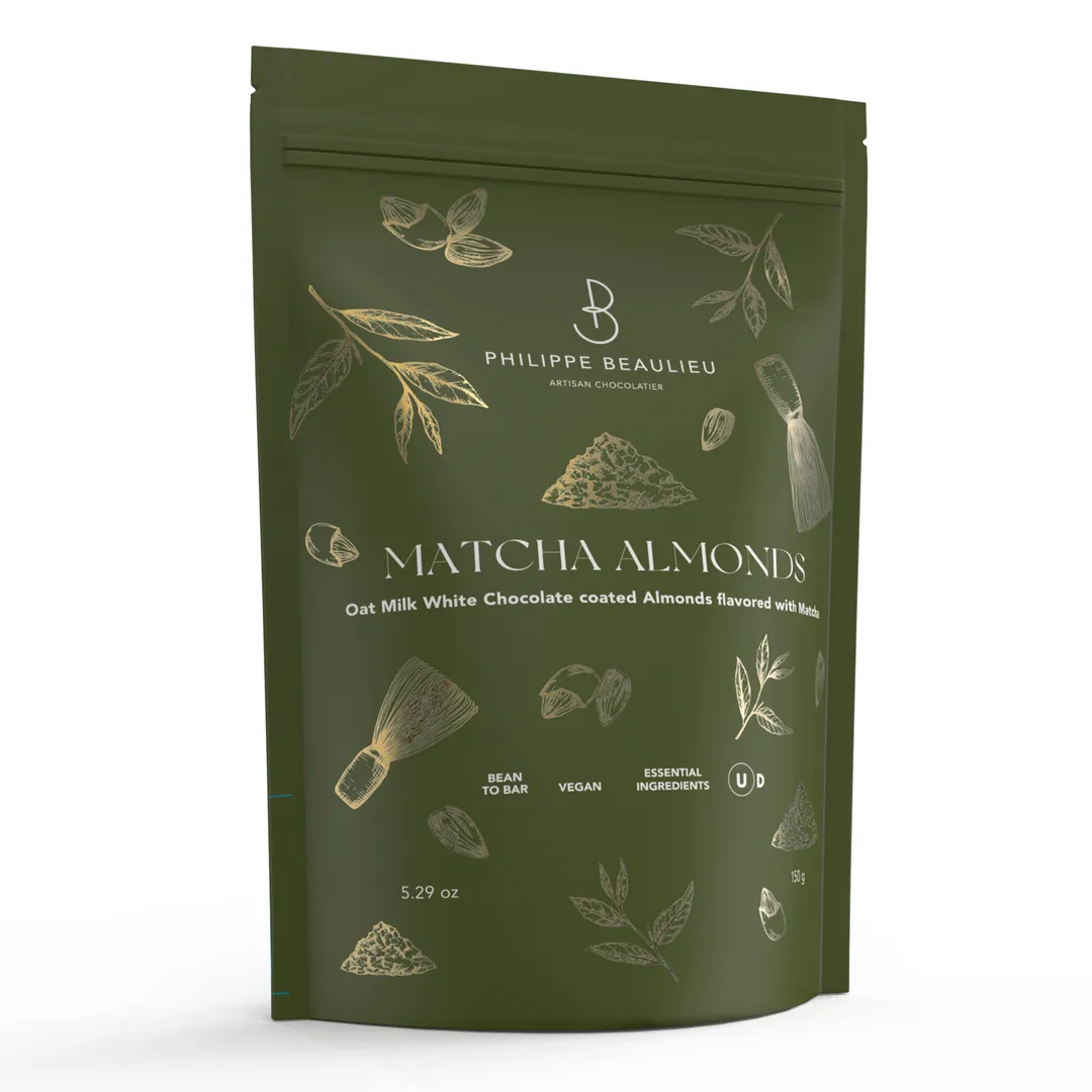 Oat Milk White Chocolate covered Almonds flavored with Matcha