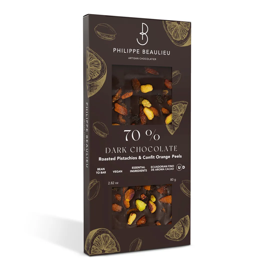 70% Dark Chocolate Bar Confit Oranges & Roasted Pistachios