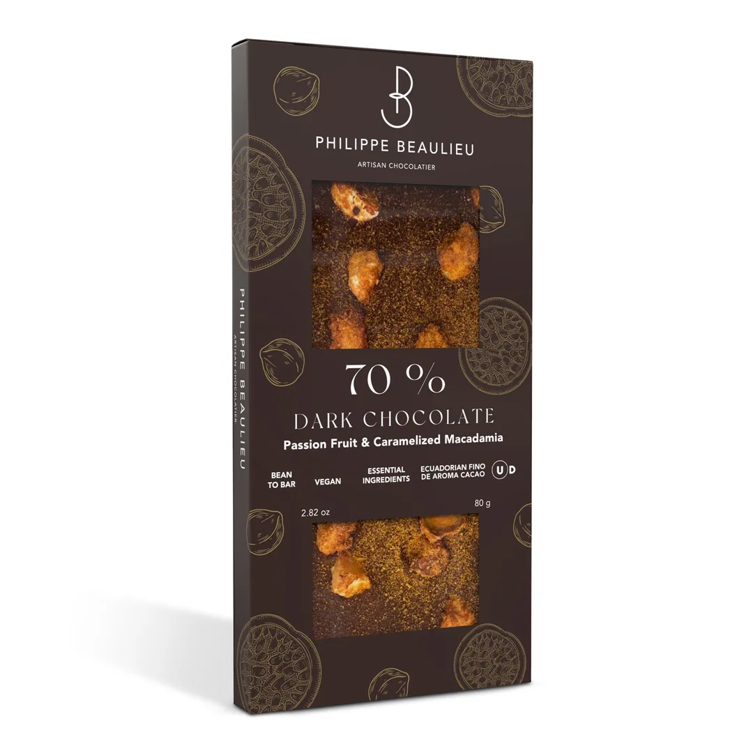 70% Dark Chocolate Bar Passionfruit & Caramelized Macadamia