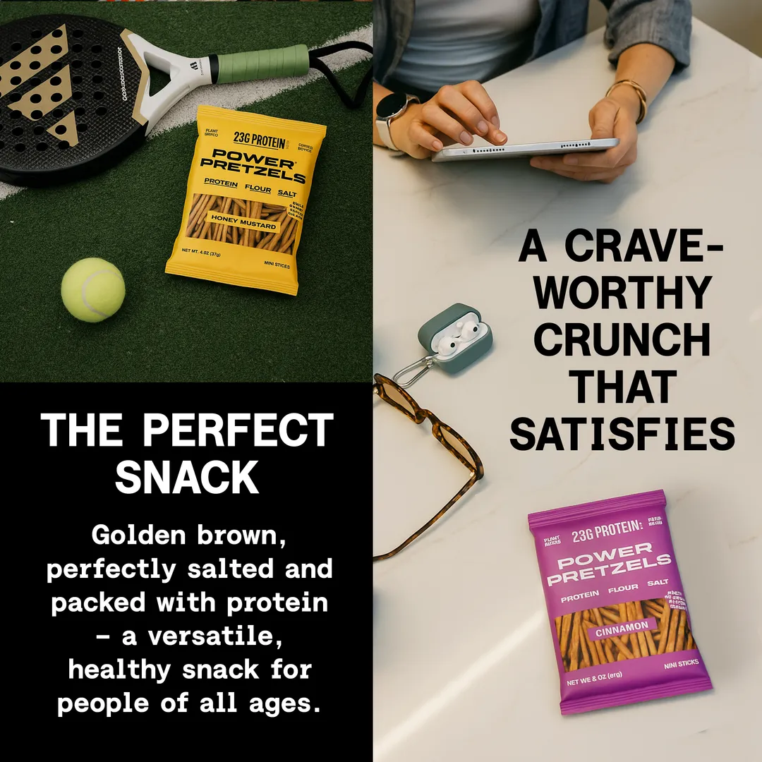Variety Pack Protein Pretzels, 23g Protein Per Bag (3 Ct. Salt, 3 Ct, Honey Mustard, 3 Ct. Cinnamon)