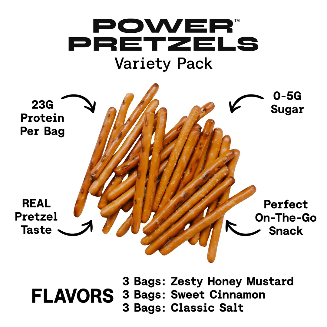 Variety Pack Protein Pretzels, 23g Protein Per Bag (3 Ct. Salt, 3 Ct, Honey Mustard, 3 Ct. Cinnamon)