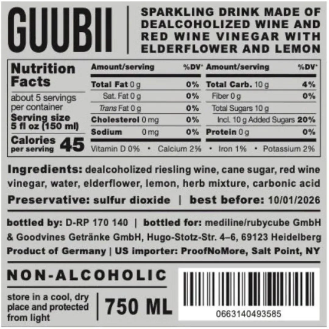 GUUBII - Elderflower-Lemon Sparkling Non-Alcoholic Wine HYBRID  750ml (25.4oz)