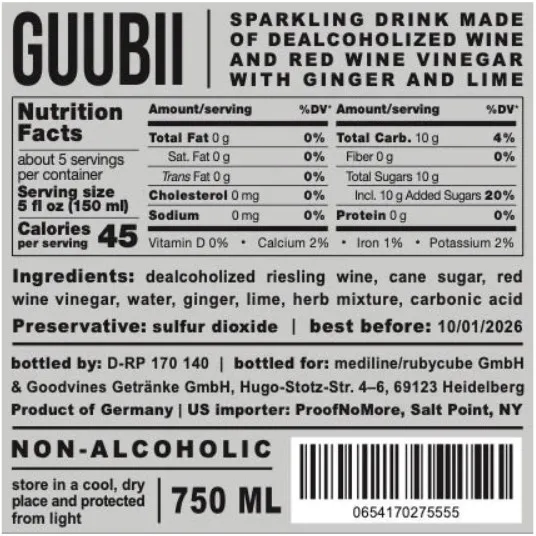 GUUBII - Ginger-Lime Sparkling Non-Alcoholic Riesling Wine & Red Wine Vinegar HYBRID 750ml (25.4oz)
