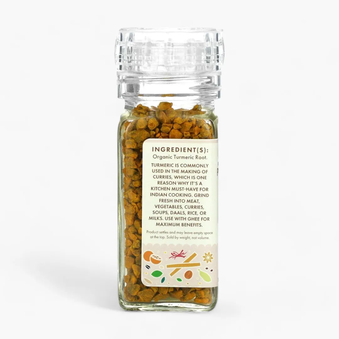 Turmeric Root Coarse Granules, Certified Organic - 1.9 oz Grinder Top Bottle