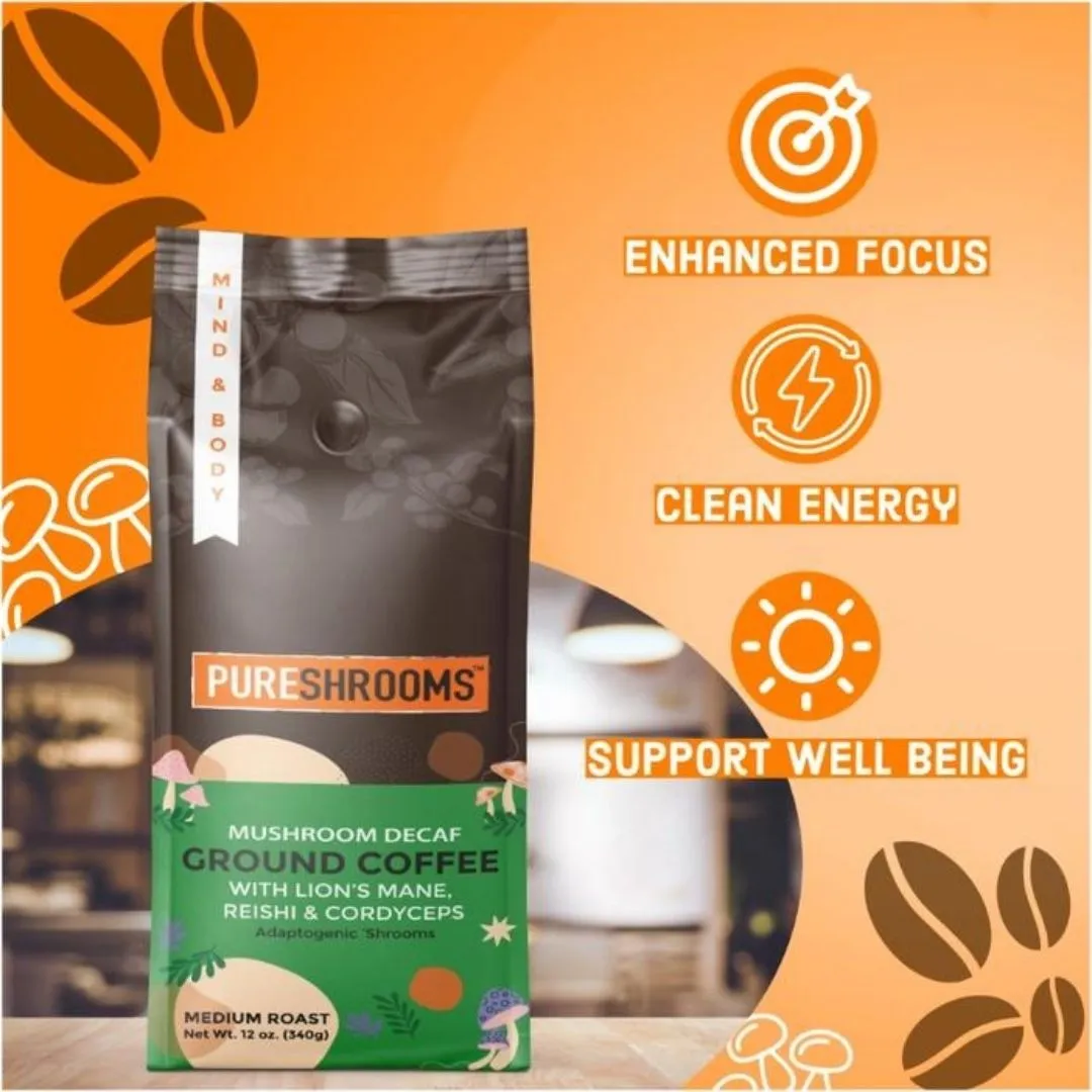 Pureshrooms Swiss Water Decaf Mushroom Ground Coffee