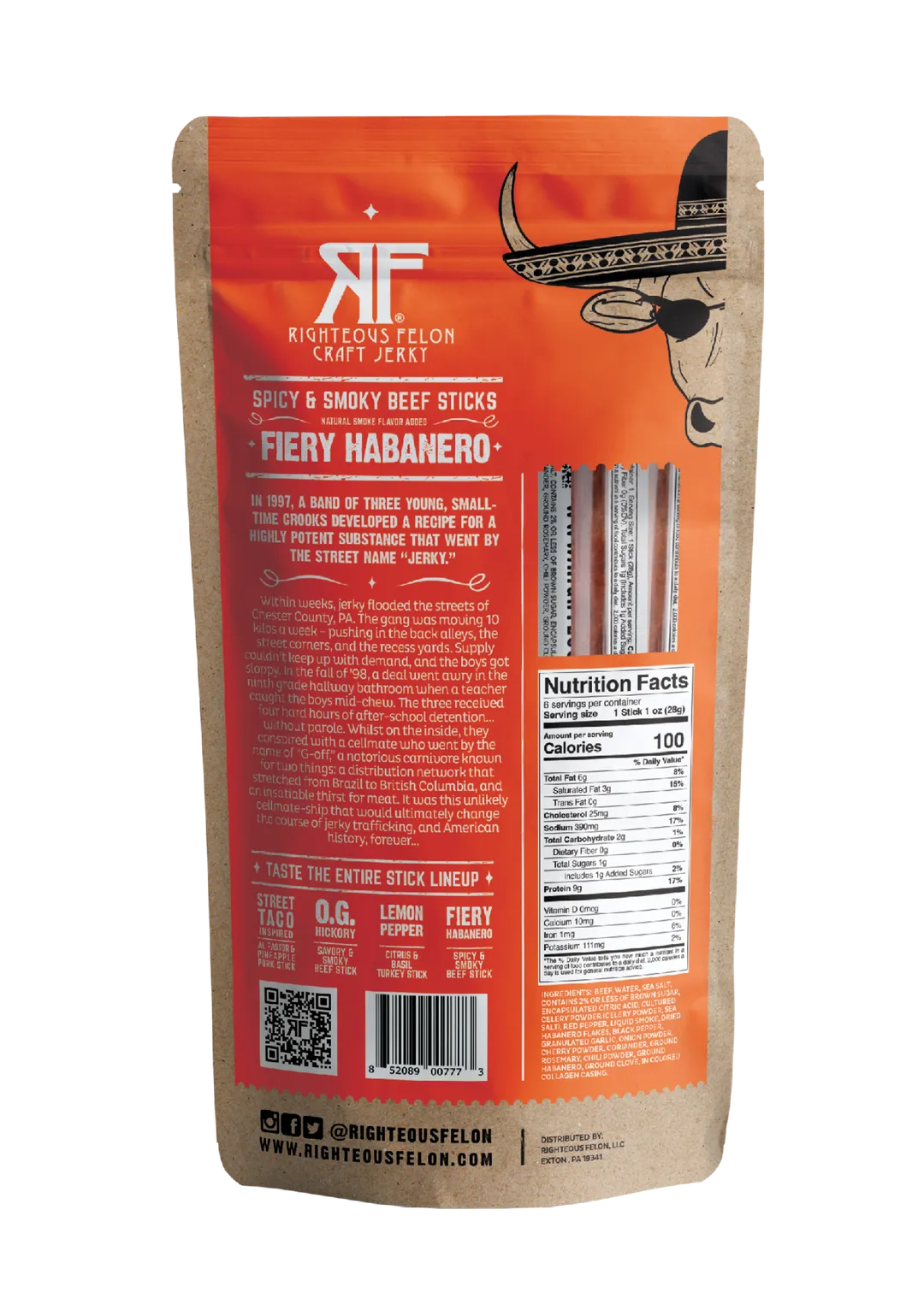 Righteous Felon Fiery Habanero Beef Stick Multipack 6oz