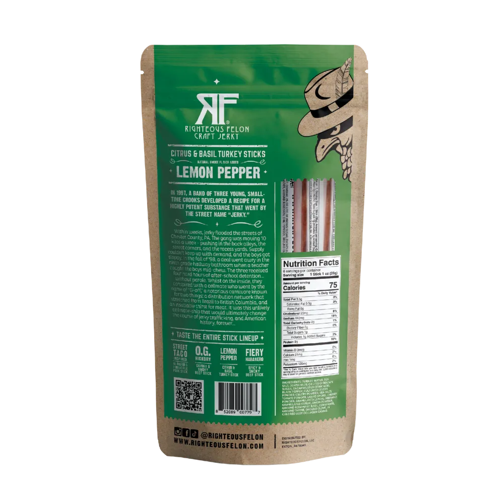 Righteous Felon Lemon Pepper Turkey Stick Multipack 6oz