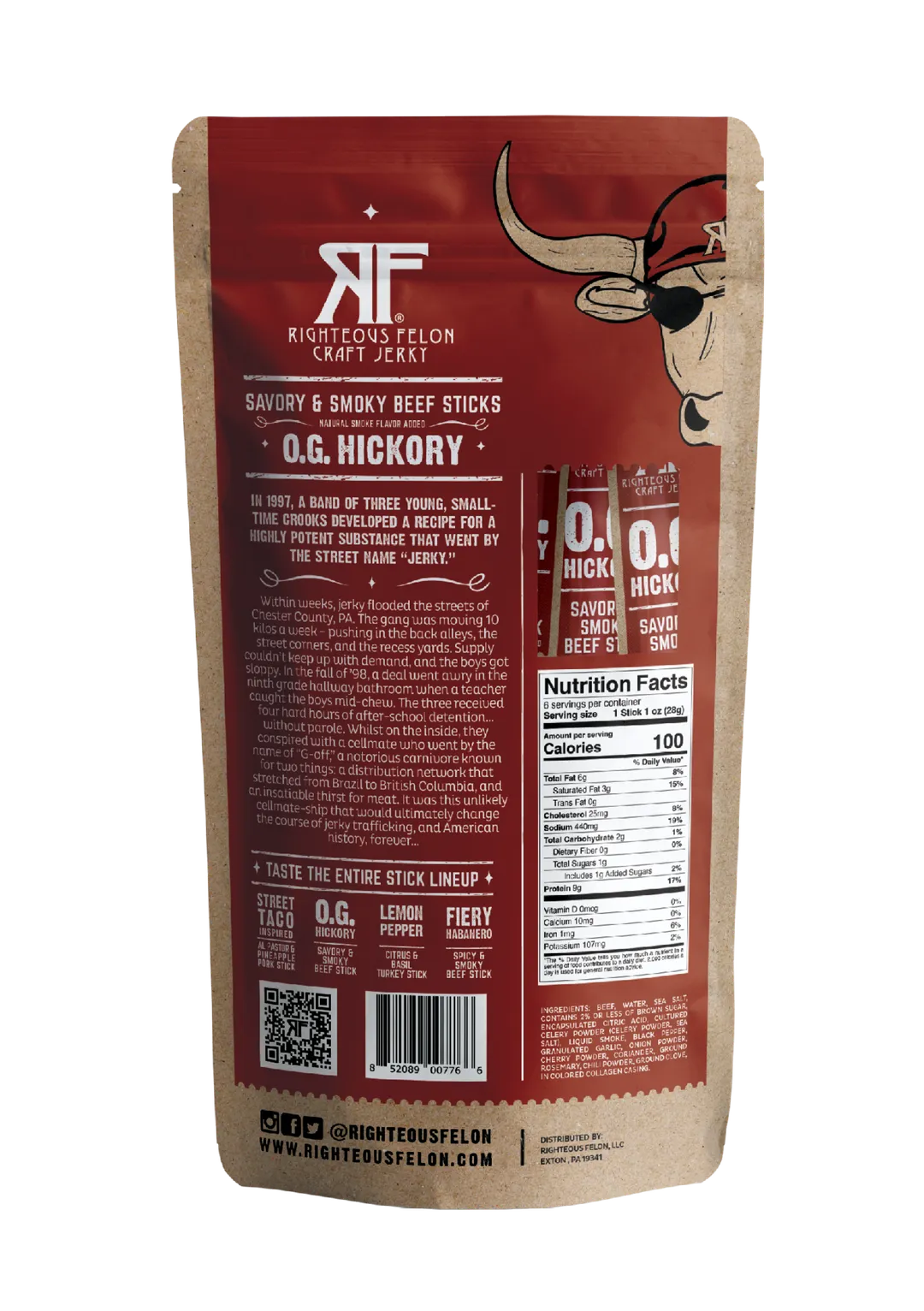 Righteous Felon O.G. Hickory Beef Stick Multipack 6ct/1oz