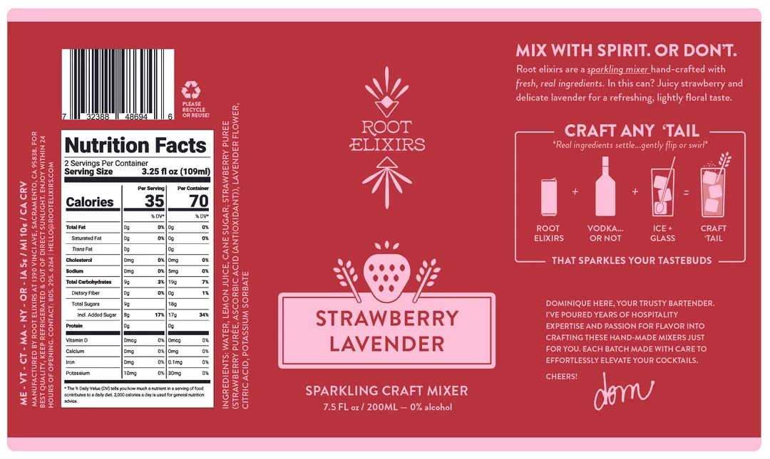 Root Elixirs Strawberry Lavender Sparkling Mixer Can 24cs
