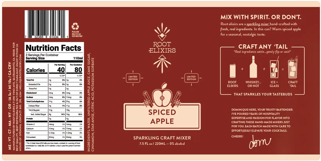 Root Elixirs Spiced Apple Sparkling Mixer Can 24 case