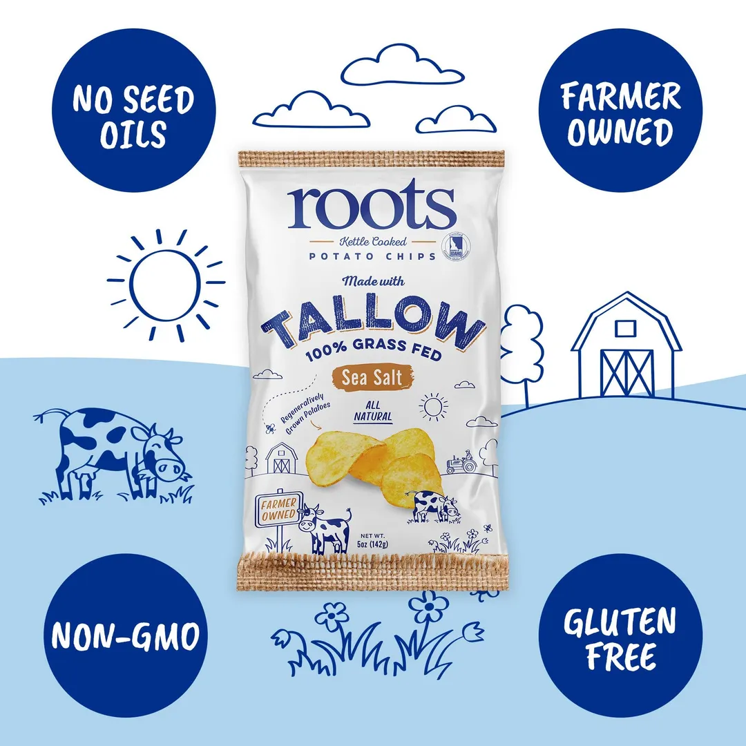 Tallow Sea Salt Kettle Cooked Potato Chips – Rich, Savory Flavor – Regenerative Idaho Potatoes Cooked in 100% Grass-Fed Beef Tallow – (12 x 5 oz Bags)