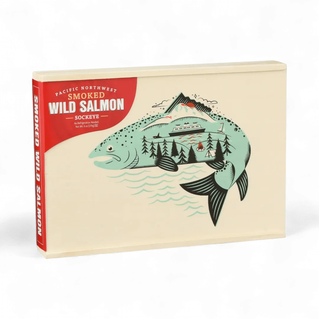 Pacific Northwest Icons Smoked Sockeye Salmon Wooden Keepsake Box
