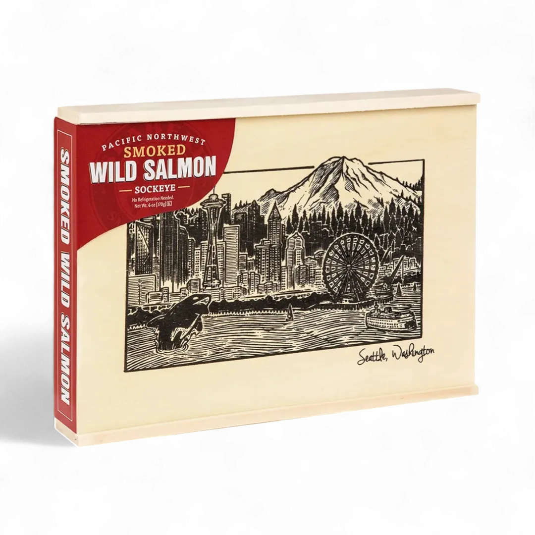 Seattle Skyline Smoked Sockeye Salmon Wooden Keepsake Box