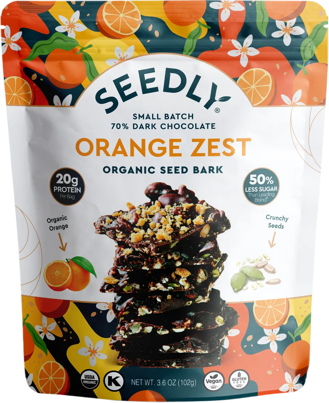 SEEDLY, Orange Zest, Dark Chocolate Bark, 3.6