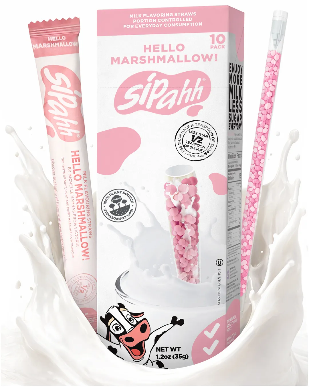 Sipahh Hello Marshmallow! Milk Flavoring Straws – Case of 6 (6 × 10-Straw Packs)
