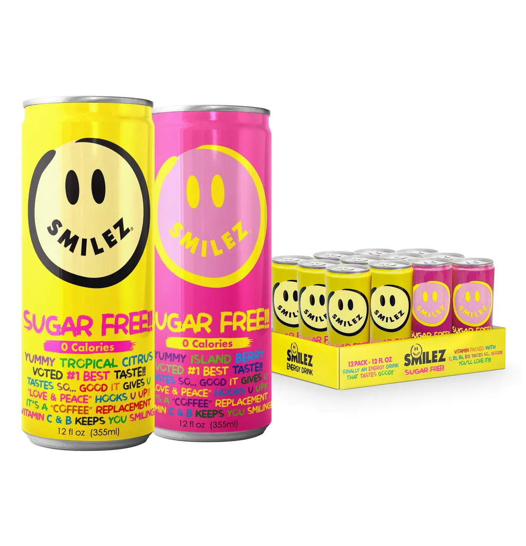 Smilez Energy Drink – SUGAR FREE - Combo (12 Pack) Tropical Citrus & Island Berry, 12oz Cans 