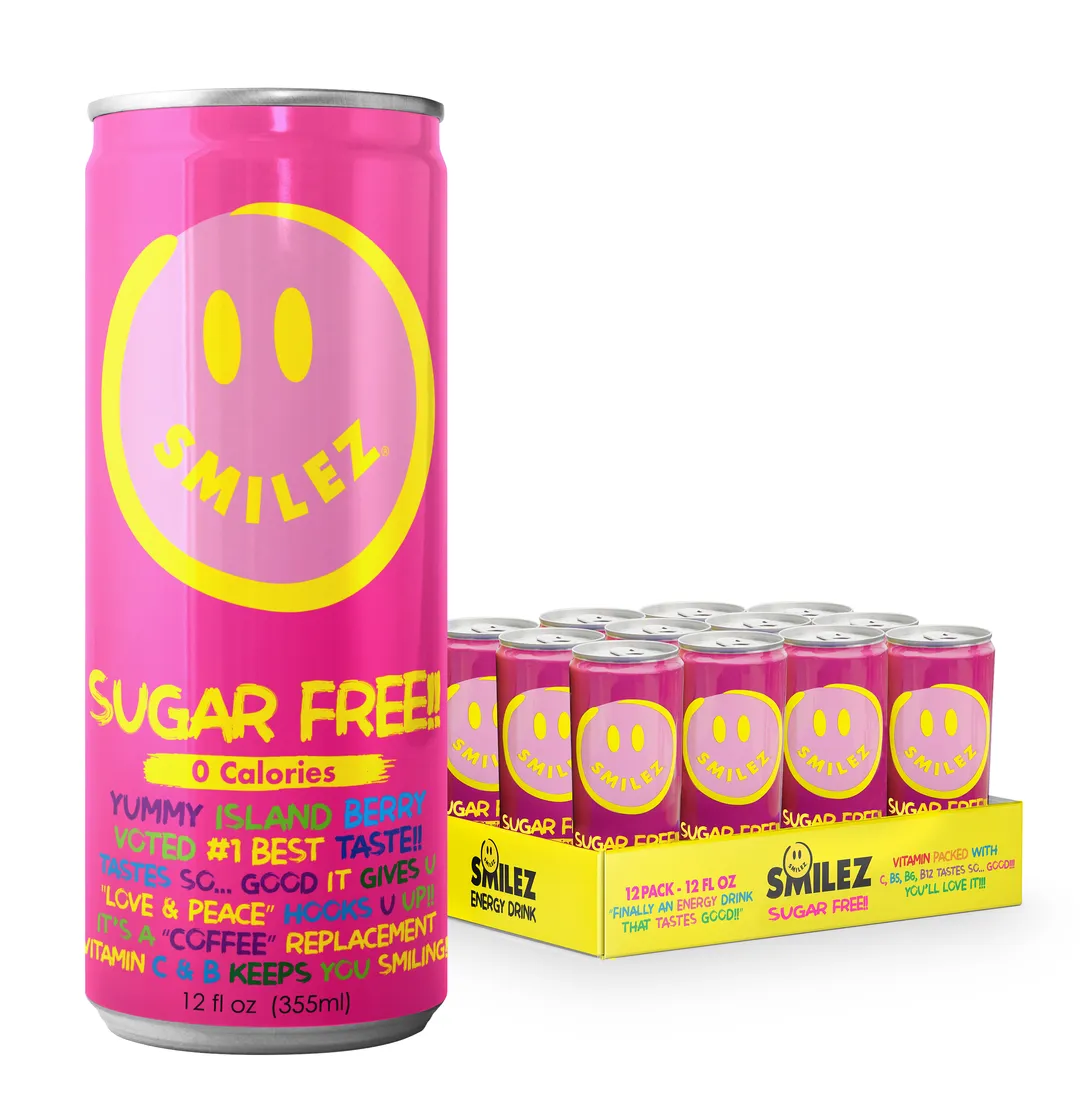 Smilez Energy Drink – SUGAR FREE - Island Berry (12 Pack), 12oz Cans